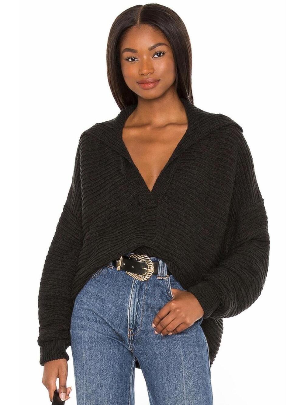 FREE PEOPLE “Marlie” Slouchy Sweater Dusty blackV Neck Sweater Size XS Soft Girl